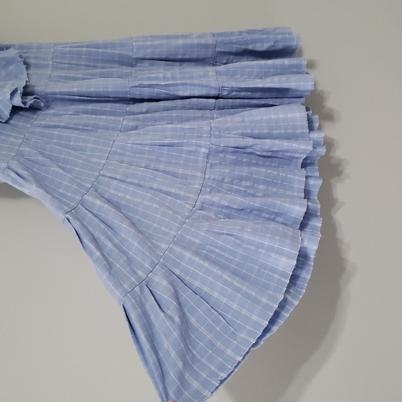 Fate Mini Dress Medium Plaid Blue White Ruffle Cap Sleeve Pockets Tiered Smocked - Picture 4 of 16